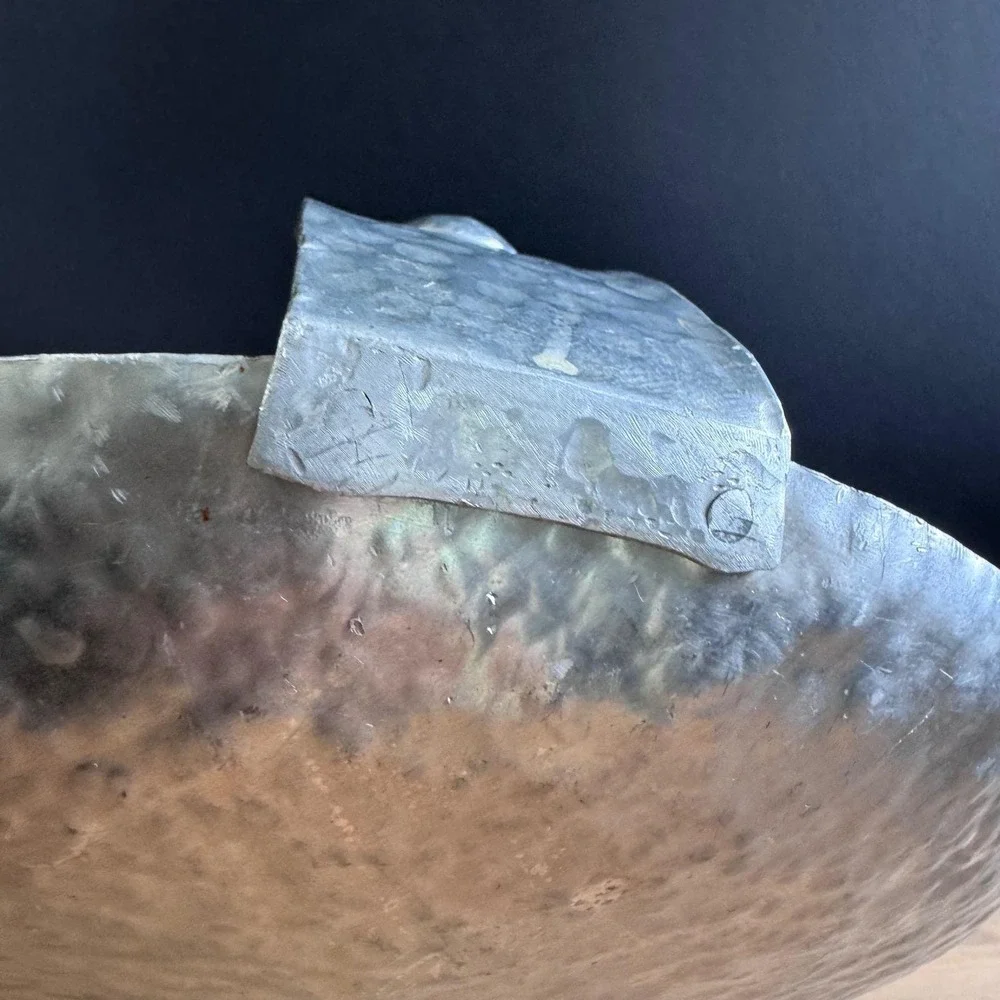 Brutalist Industrial vintage hammered ALUMINUM tray with riveted handle LIGHT